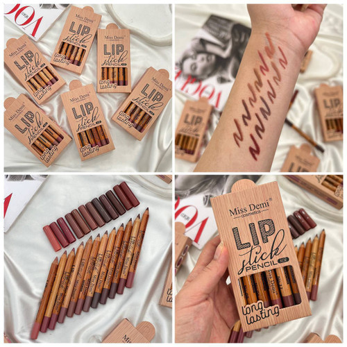 پک رژلب مدادی مخملی چوبی 12 عددی میس دمی مدل long lasting miss demi